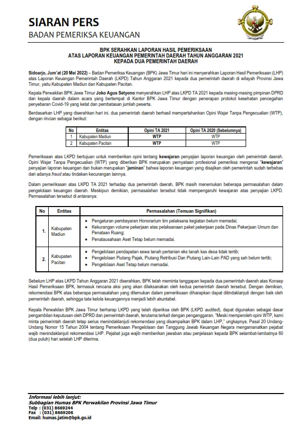 BPK Jatim Serahkan LHP LKPD 2021 kepada Kabupaten Madiun dan Pacitan, Keduanya Raih Opini WTP
