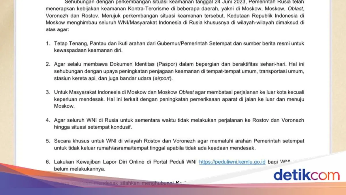 KBRI Moskow Terbitkan Imbauan Keamanan untuk WNI Usai Situasi Kontra-Terorisme di Sejumlah Wilayah Rusia