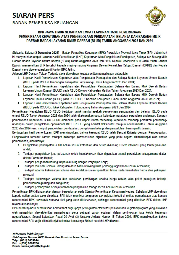 BPK Jatim Serahkan Empat LHP Kepatuhan Pengelolaan BLUD RSUD TA 2023–2024