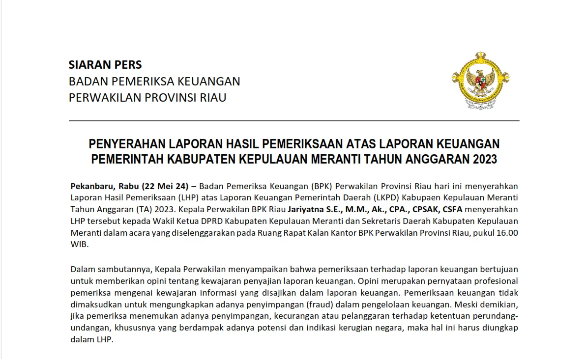 BPK Riau Serahkan LHP LKPD Kepulauan Meranti 2023, Opini Tidak Menyatakan Pendapat