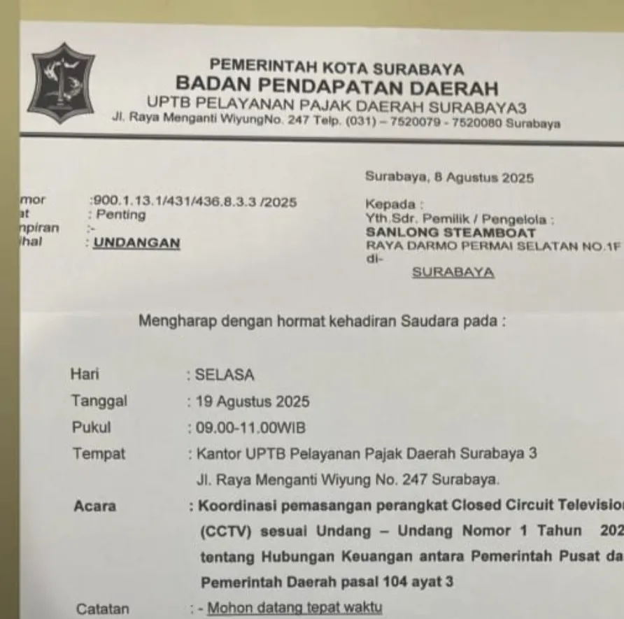 Surat Edaran Bapenda Surabaya soal Kewajiban CCTV di Tempat Usaha Viral, Pengusaha Protes; Pemkot Beri Klarifikasi