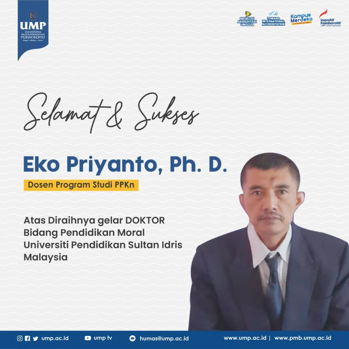 Dosen UMP Eko Priyanto Raih Doktor Pendidikan Moral di Universiti Pendidikan Sultan Idris Malaysia