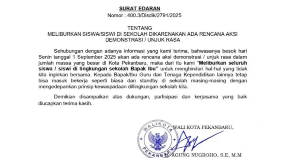 Pemkot Pekanbaru Tegaskan Kabar Libur Sekolah karena Aksi Unjuk Rasa adalah Hoaks