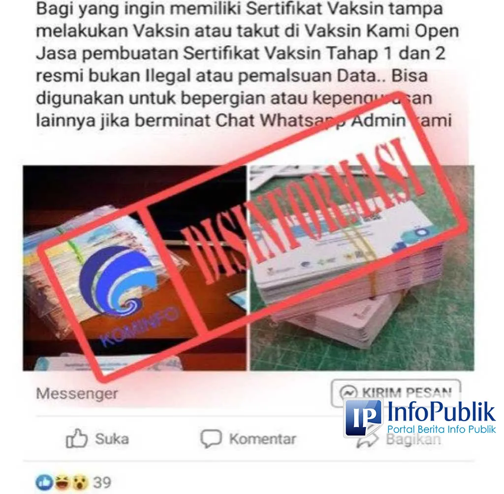 Kemenkes: Jasa Pembuatan Sertifikat Vaksin Tanpa Vaksinasi Melanggar Hukum