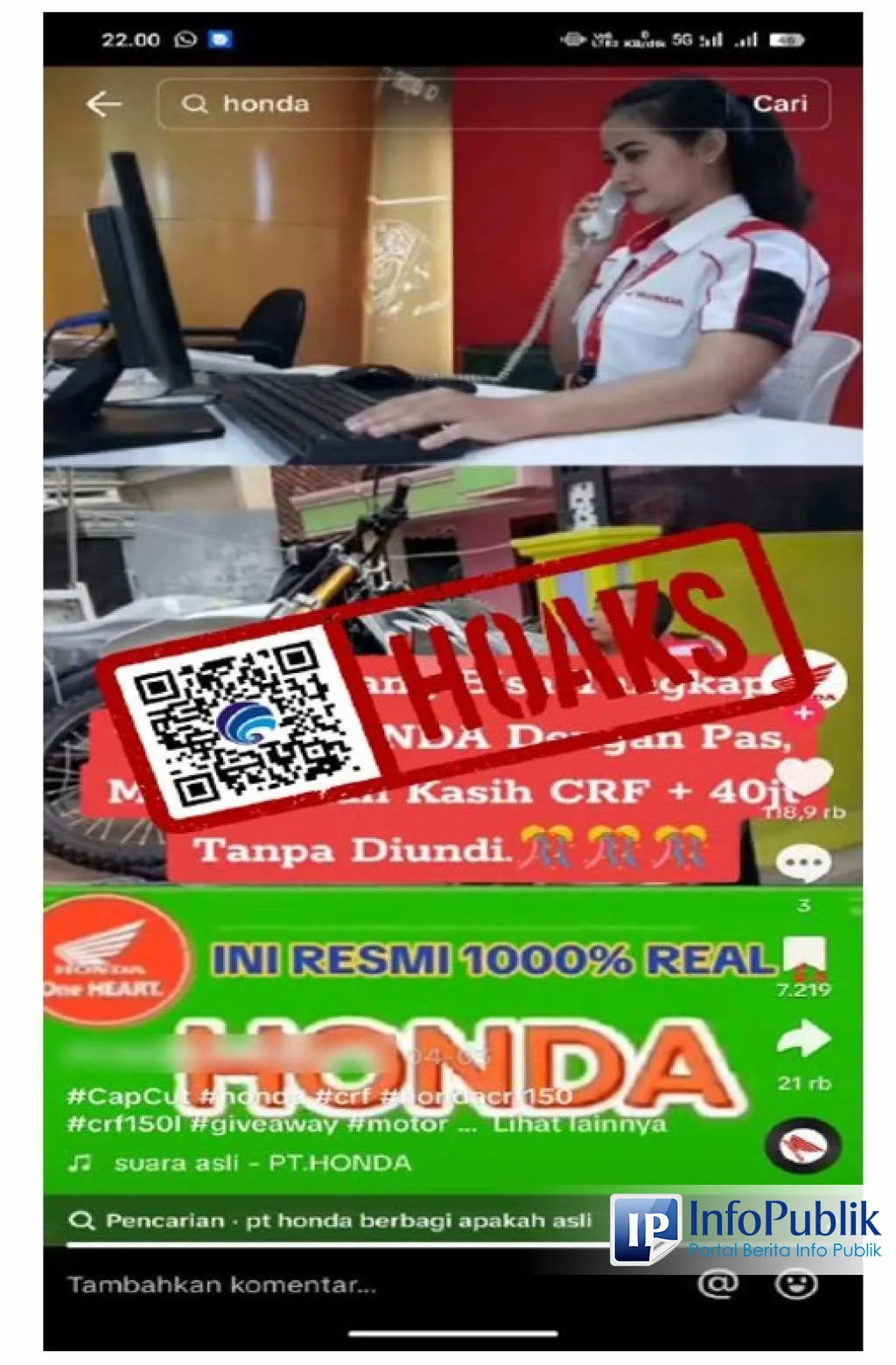 Klaim Giveaway Motor CRF dan Uang Rp40 Juta Mengatasnamakan PT Astra Honda Disebut Hoaks