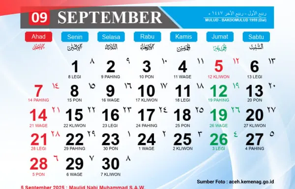Kalender Islam September 2025: Memasuki Rabiul Awal dan Rabiul Akhir 1447 H, Termasuk Maulid Nabi dan Hari Libur