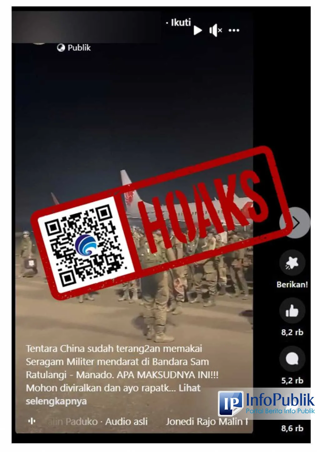 Cek Fakta: Video yang Diklaim Tentara China Mendarat di Bandara Sam Ratulangi Manado Tidak Benar