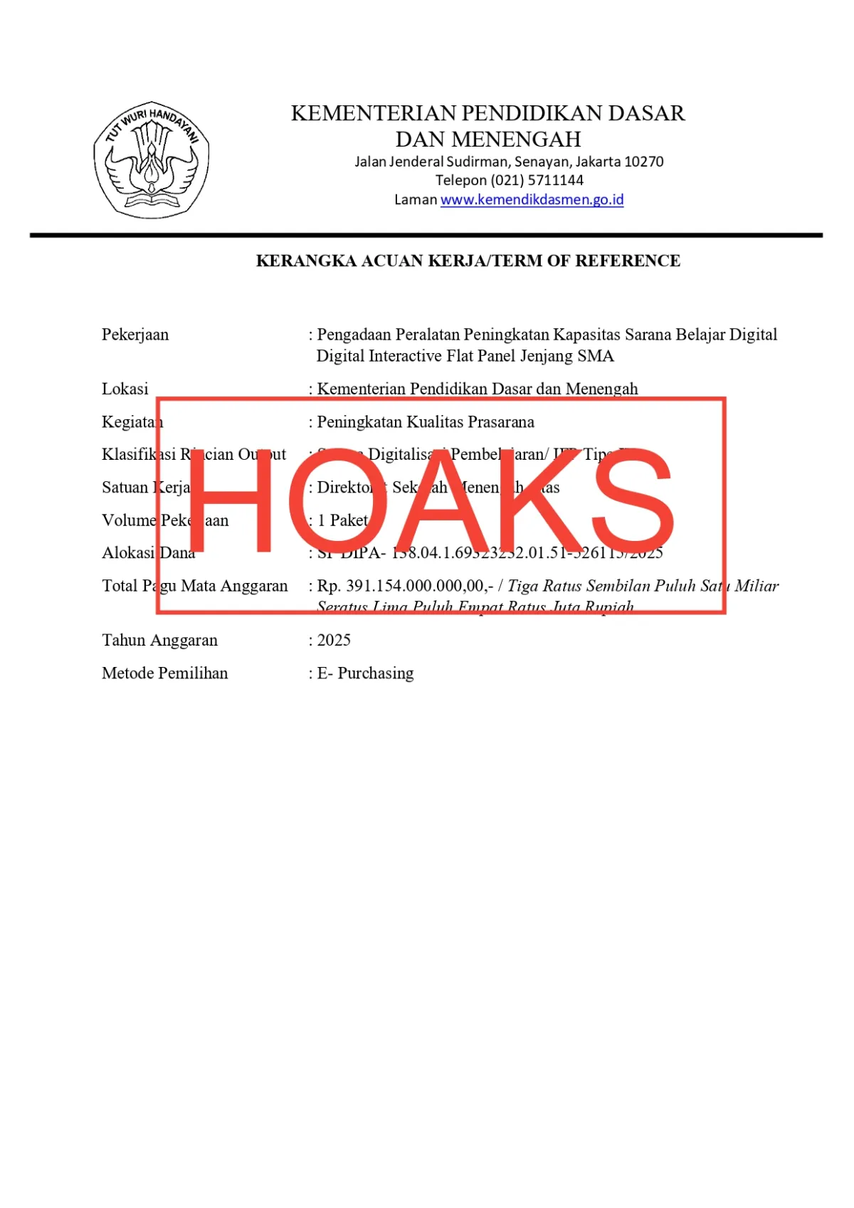 Kemendikdasmen Peringatkan Hoaks Dokumen Pengadaan di Luar Saluran Resmi