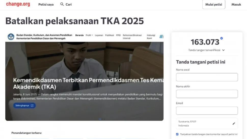 Petisi Tolak Pelaksanaan TKA 2025 di Change.org Soroti Tekanan dan Minim Sosialisasi
