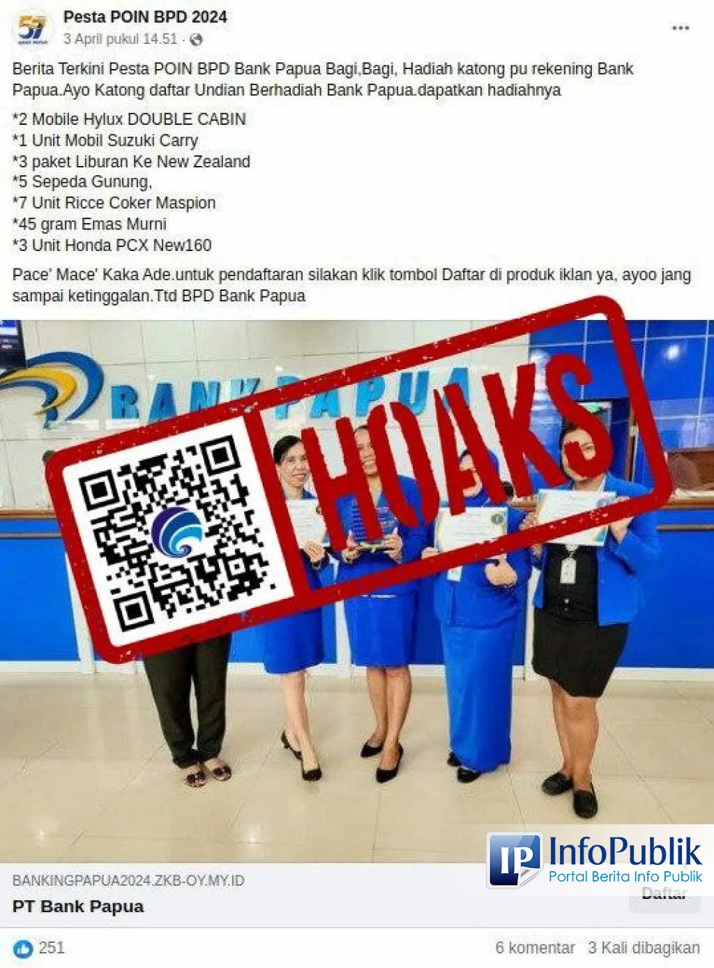 Cek Fakta: Klaim Undian Berhadiah Mengatasnamakan Bank Papua di Facebook Dipastikan Hoaks