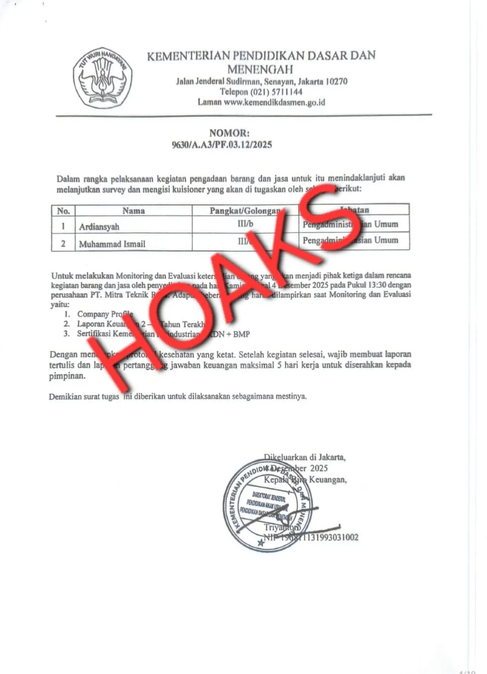 Hoaks Terkait Monitoring dan Evaluasi Pengadaan Barang dan Jasa Beredar