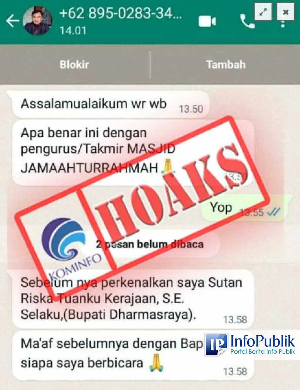 Waspada Akun WhatsApp Catut Nama Bupati Dharmasraya, Janjikan Bantuan Masjid Bertahap
