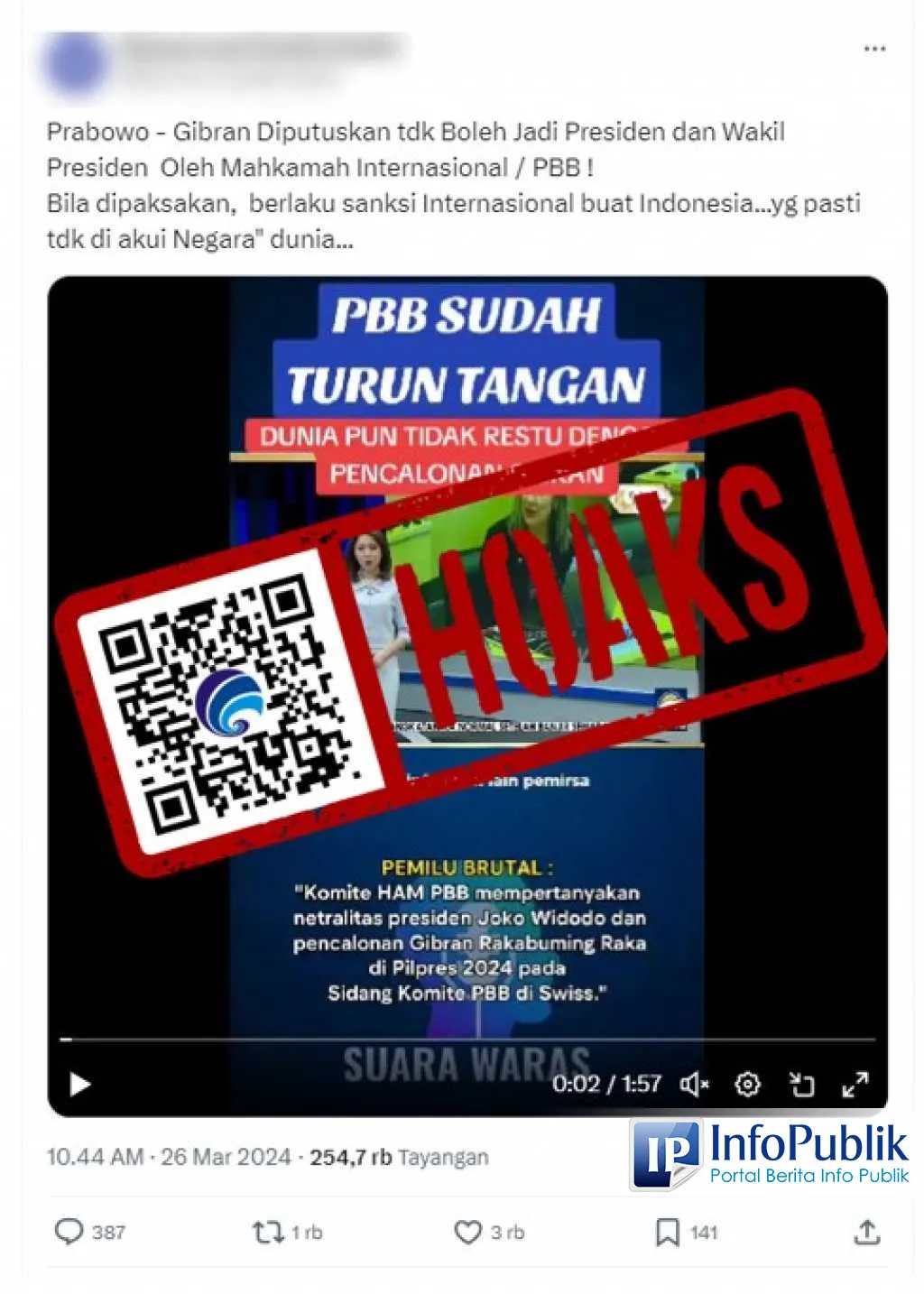 Cek Fakta: Klaim Mahkamah Internasional Larang Prabowo-Gibran Menjabat Presiden-Wapres Disebut Menyesatkan