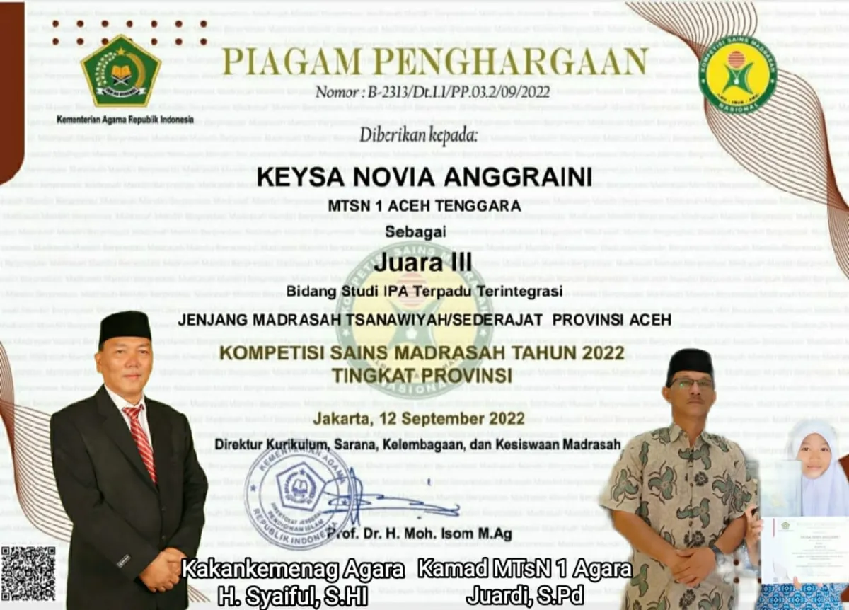 Keysa Nova Anggraini Raih Juara III Olimpiade Sains MTs Tingkat Provinsi Aceh 2022