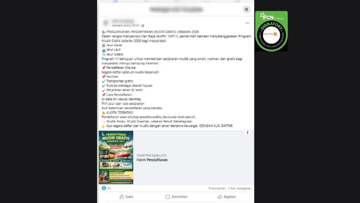 Cek Fakta: Link Pendaftaran Mudik Gratis Lebaran 2026 yang Beredar di Facebook Tidak Benar