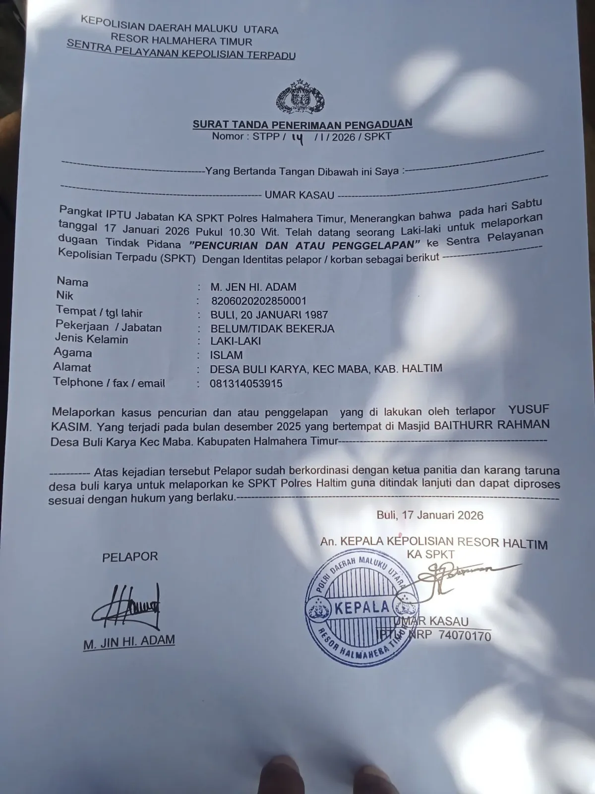 Anggota BPD Desa Buli Karya Dilaporkan ke Polisi, Diduga Gelapkan Bantuan Keramik untuk Masjid