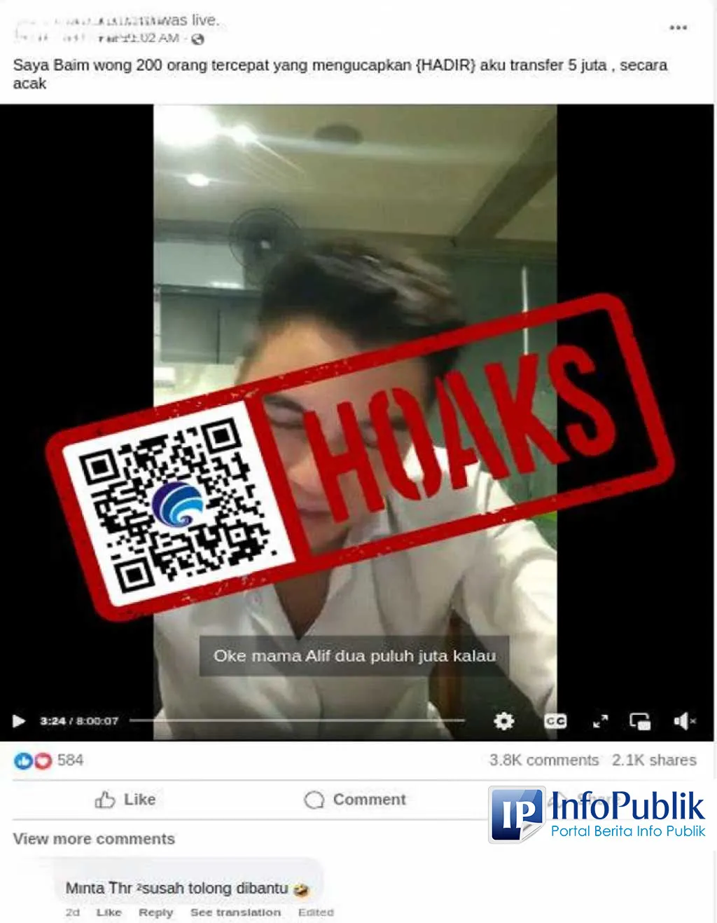 Cek Fakta: Klaim Baim Wong Transfer Rp5 Juta untuk 200 Orang dari Akun Facebook Tertentu Tidak Benar
