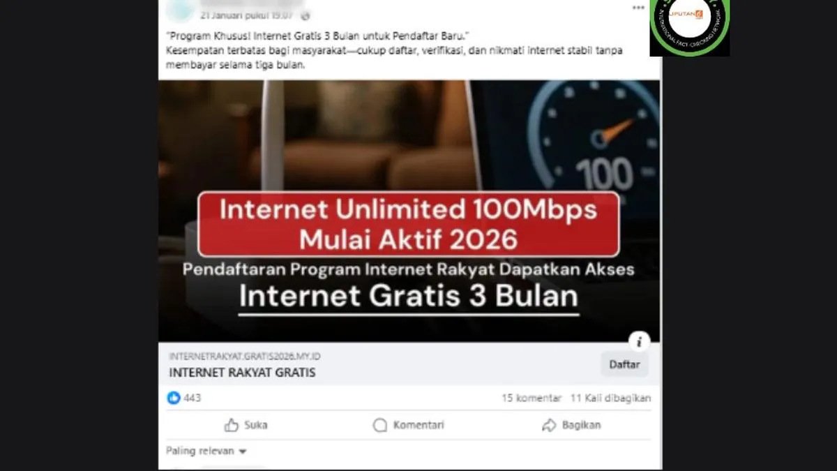 Cek Fakta: Klaim Link Pendaftaran Internet Rakyat Gratis 3 Bulan untuk Pendaftar Baru Tidak Benar