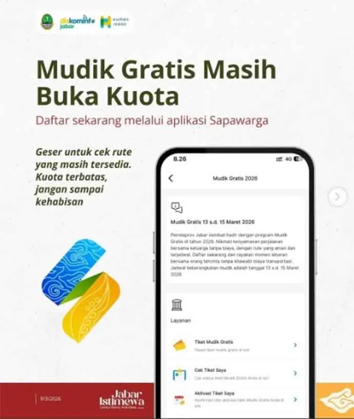 Kuota Mudik Gratis Pemprov Jabar 2026 Masih Tersedia 1.012 Kursi, Berikut Rute dan Jadwalnya