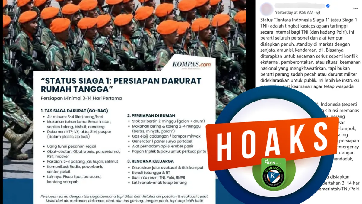 Hoaks TNI Berlakukan Status Siaga 1 Beredar di Media Sosial, Mengatasnamakan Kompas.com