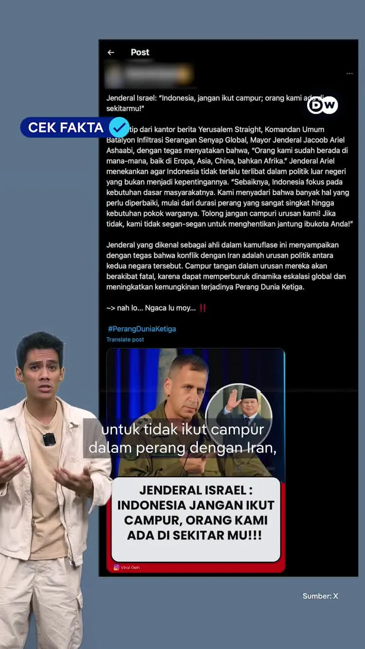 Cek Fakta: Klaim Jenderal Israel Kecam Indonesia dan Ancam Serang Jakarta Beredar di X