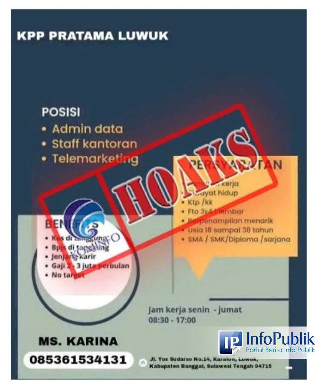 KPP Pratama Luwuk Tegaskan Lowongan Admin Data hingga Telemarketing yang Beredar adalah Penipuan