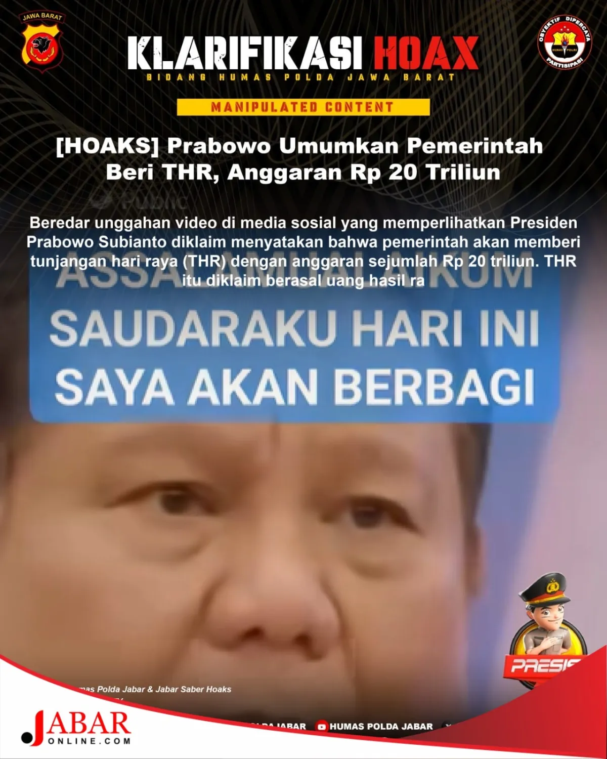 Cek Fakta: Klaim THR Rp 20 Triliun dari Rampasan Koruptor yang Dikaitkan dengan Presiden Prabowo Subianto