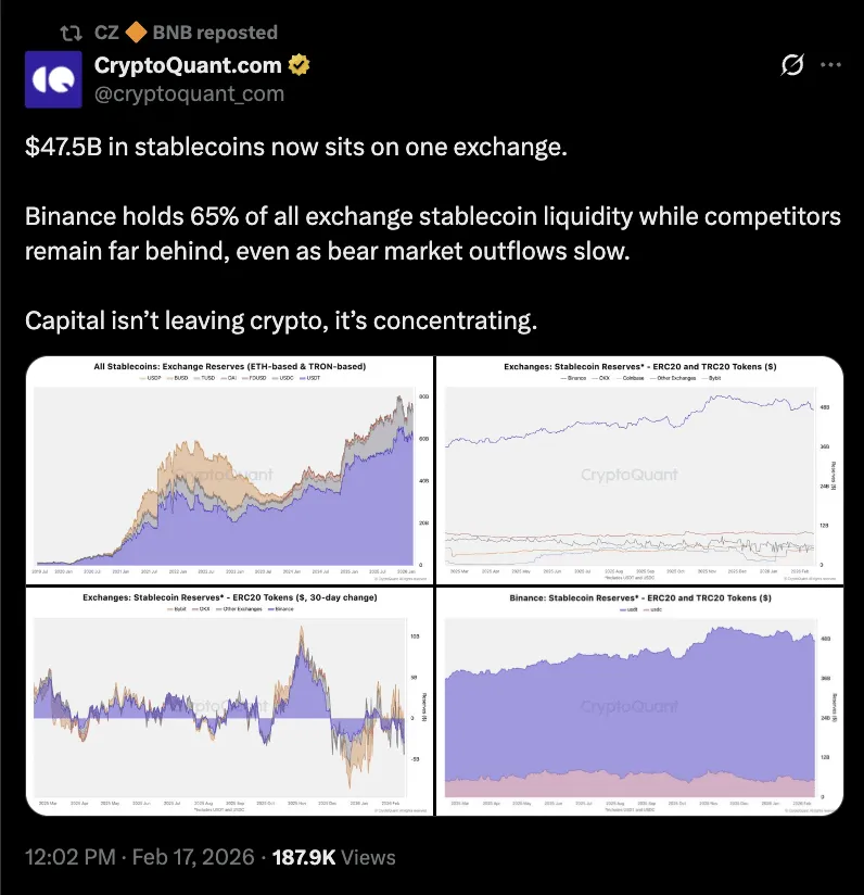 CryptoQuant: Likuiditas Stablecoin di Bursa Terpusat Kian Terkonsentrasi, Binance Kuasai Sekitar 65%