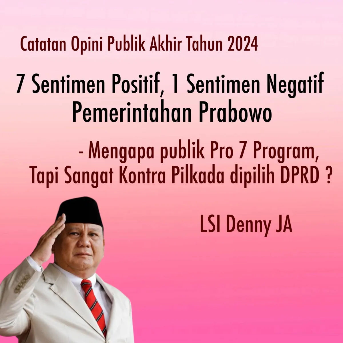 Riset LSI Denny JA: Tujuh Program Pemerintahan Prabowo Bernada Positif, Wacana Pilkada Lewat DPRD Ditolak