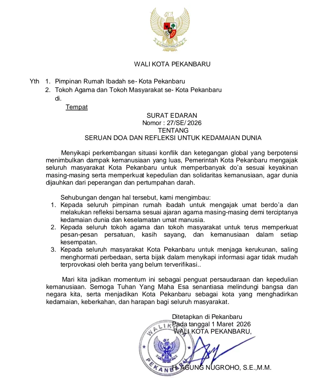 Wali Kota Pekanbaru Terbitkan Surat Edaran Seruan Doa dan Refleksi untuk Kedamaian Dunia