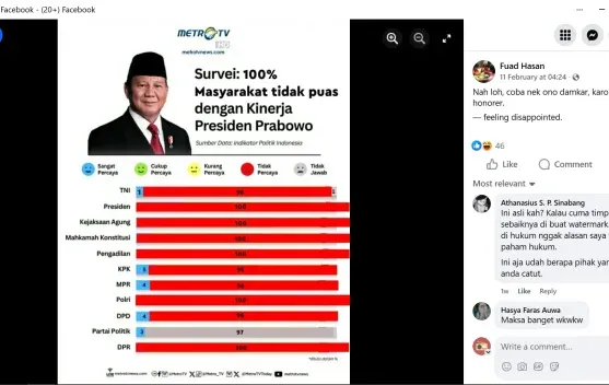 Cek Fakta: Klaim Survei Metro TV 100 Persen Publik Tidak Puas terhadap Kinerja Presiden Prabowo Disebut Hoaks