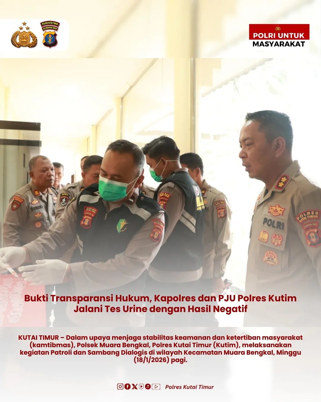 Kapolres Kutai Timur dan Pejabat Utama Jalani Tes Urine Mendadak, Hasil Negatif