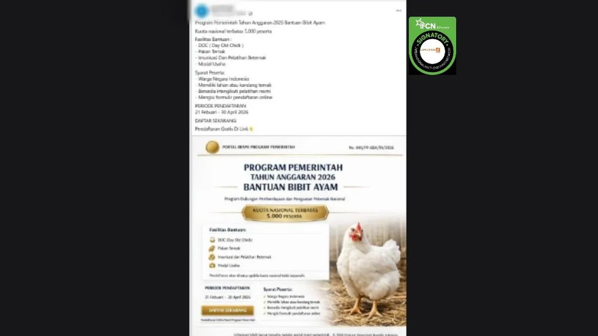 Cek Fakta: Tautan Pendaftaran Bantuan Bibit Ayam 21 Februari–30 April 2026 Disebut Hoaks