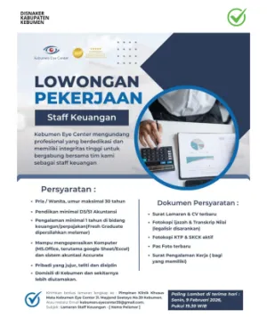 Kebumen Eye Center Buka Lowongan Staff Keuangan, Pendaftaran hingga 9 Februari 2026