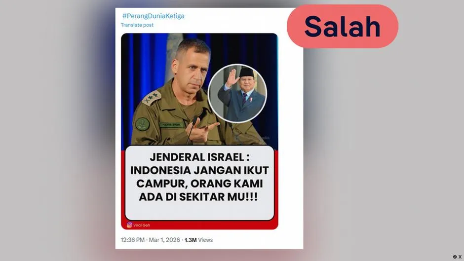 Cek Fakta: Klaim Jenderal Israel Ancam Serang Jakarta Jika Indonesia Ikut Campur Perang Iran Disebut Keliru