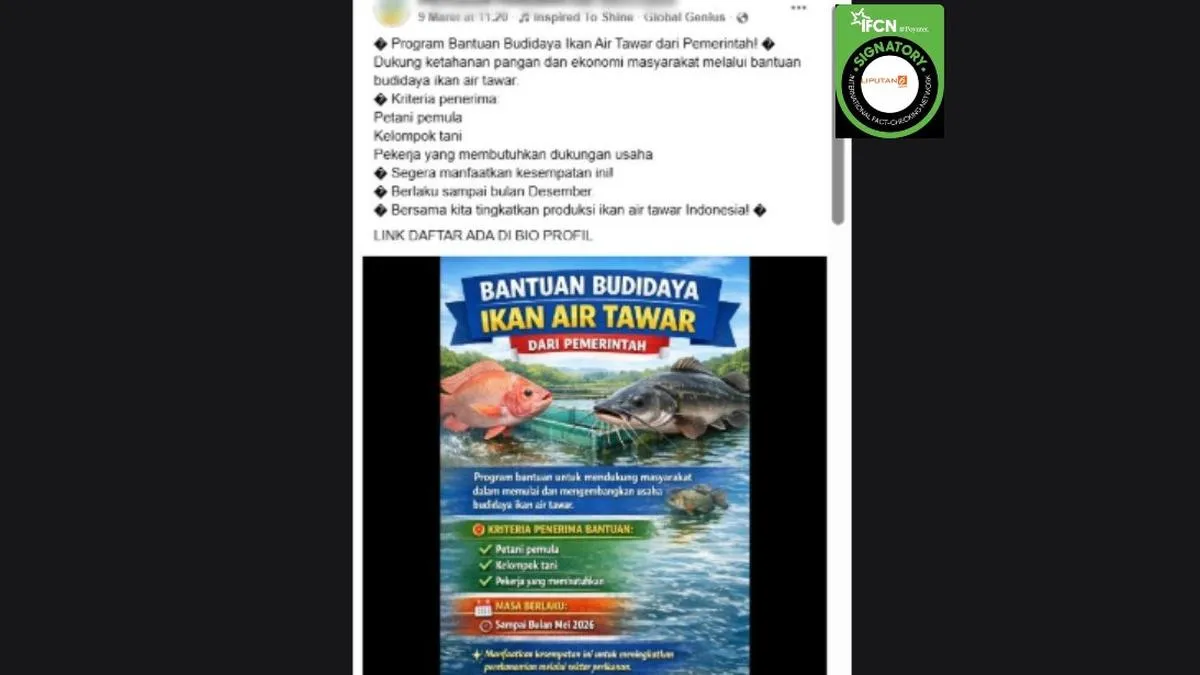 Cek Fakta: Tautan Pendaftaran Bantuan Budidaya Ikan Air Tawar yang Beredar di Facebook Tidak Benar