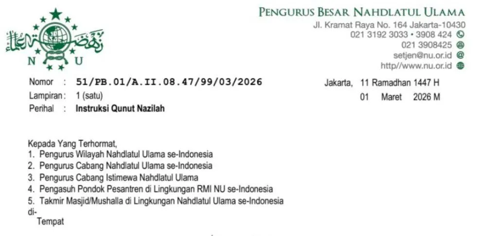 PBNU Instruksikan Pembacaan Qunut Nazilah di Seluruh Indonesia Menyikapi Eskalasi Konflik Timur Tengah