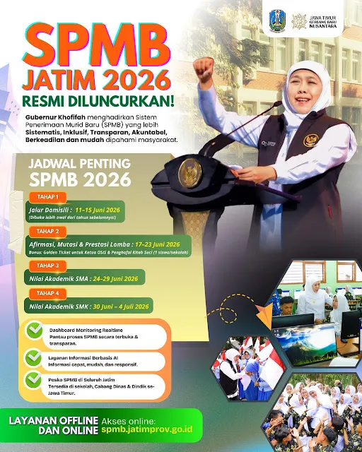 SPMB Jawa Timur 2026 Diluncurkan, Khofifah Tekankan Seleksi yang Adil dan Transparan