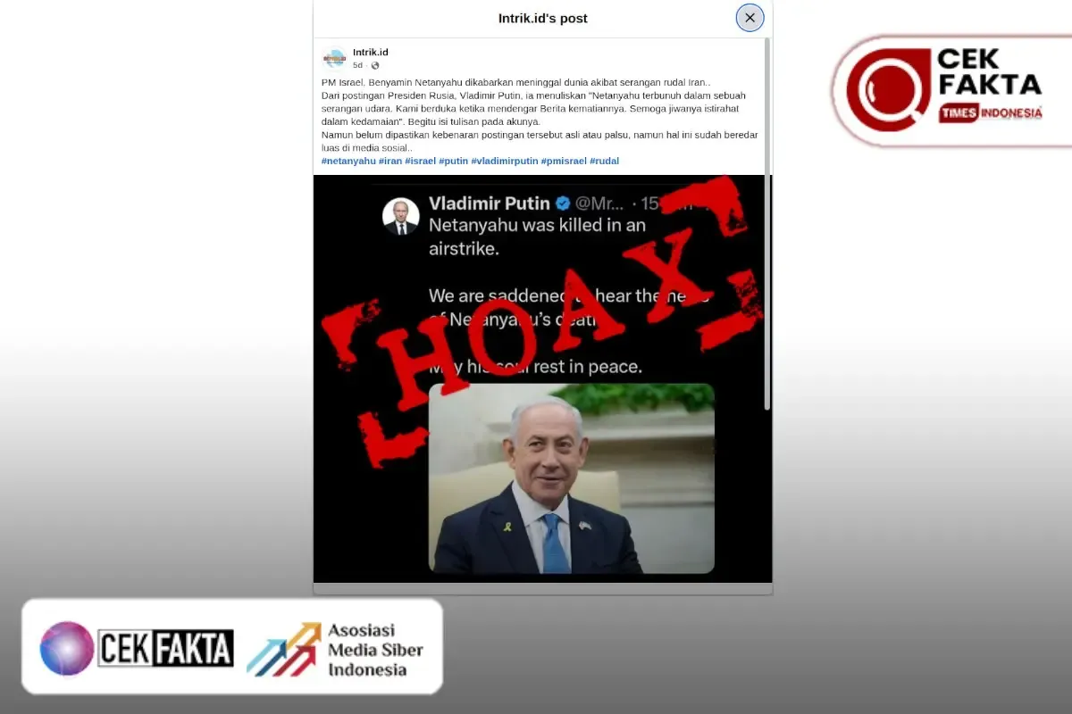 Klaim Putin Umumkan Netanyahu Tewas akibat Serangan Iran di Tel Aviv Disebut Hoaks
