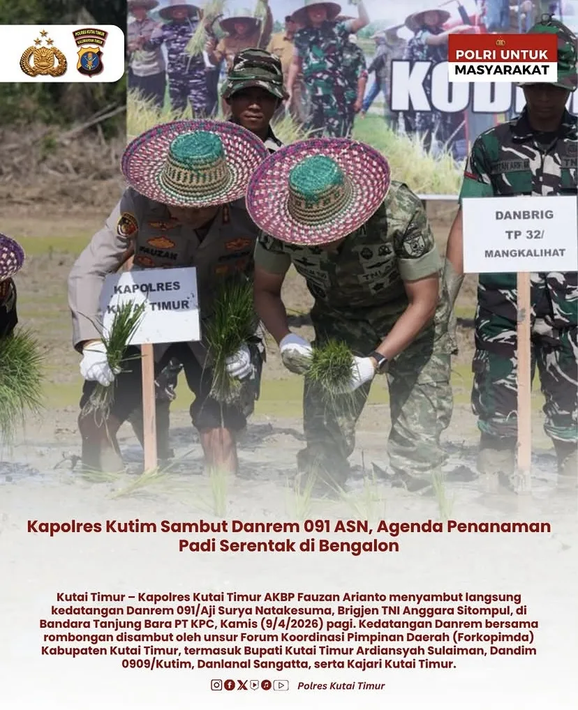 Kapolres Kutai Timur Sambut Danrem 091/ASN, Lanjut Agenda Tanam Padi Serentak di Bengalon