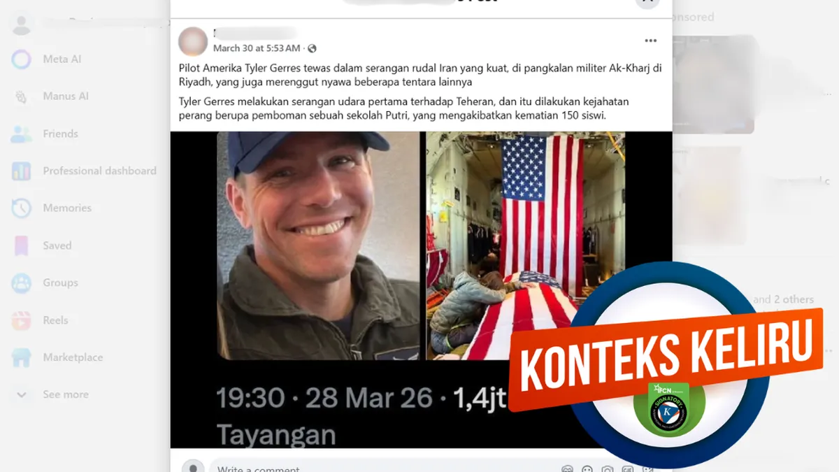 Narasi Pilot AS Tyler Gerres Tewas akibat Serangan Iran Ternyata Hoaks