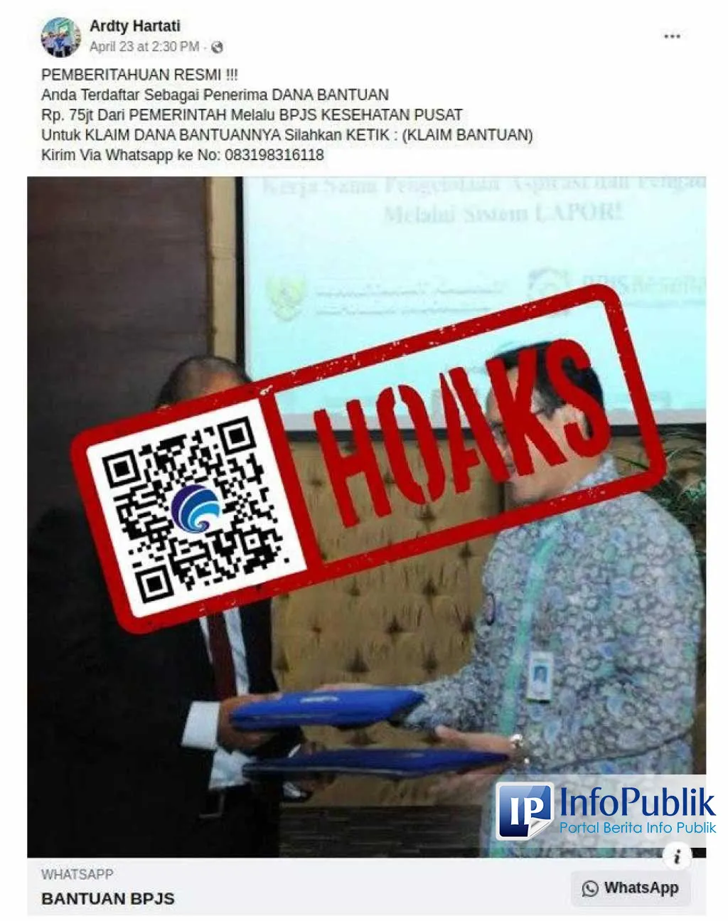 [Cek Fakta] Klaim Bantuan Pemerintah Rp75 Juta Lewat BPJS Kesehatan Disebut Hoaks