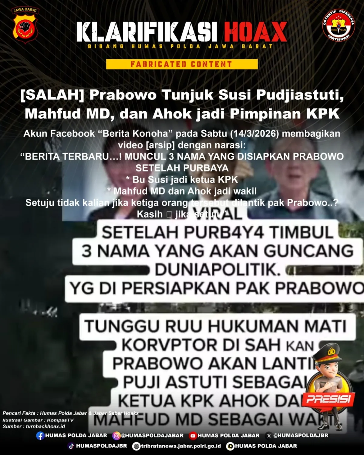 Klaim Prabowo Tunjuk Susi Pudjiastuti, Mahfud MD, dan Ahok sebagai Pimpinan KPK Disebut Hoaks
