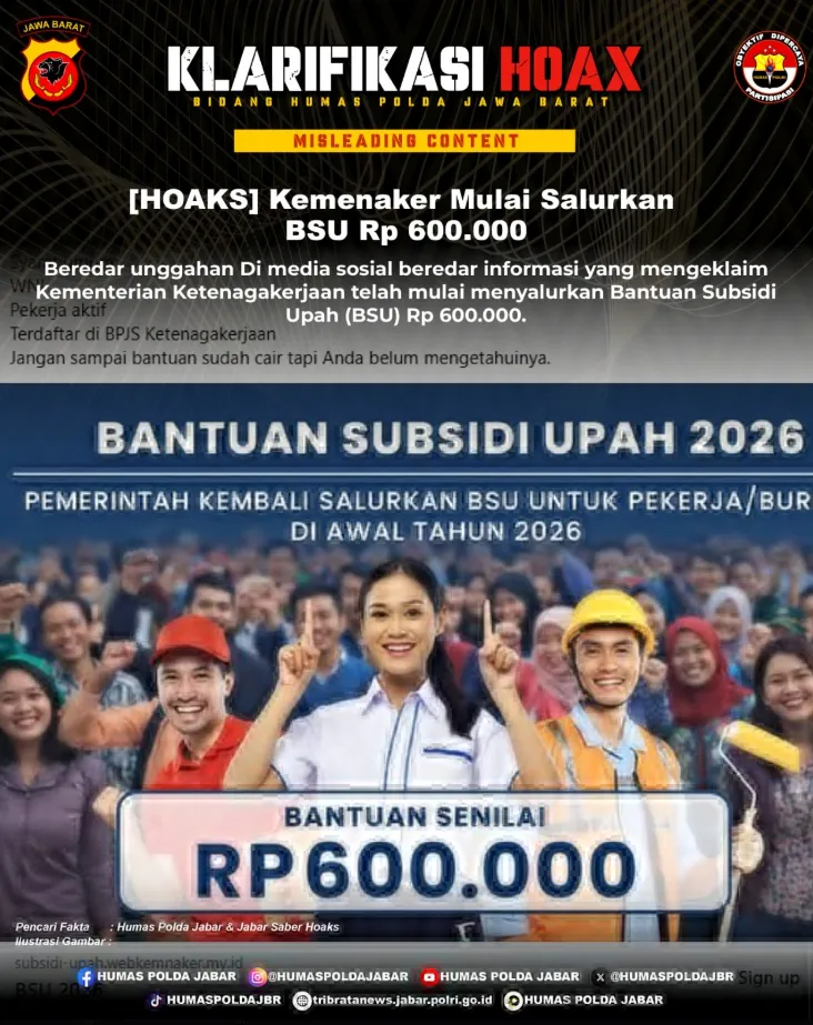 Kemenaker Tegaskan Belum Ada Kebijakan Penyaluran BSU Rp600.000 untuk 2026, Warga Diimbau Waspada Hoaks