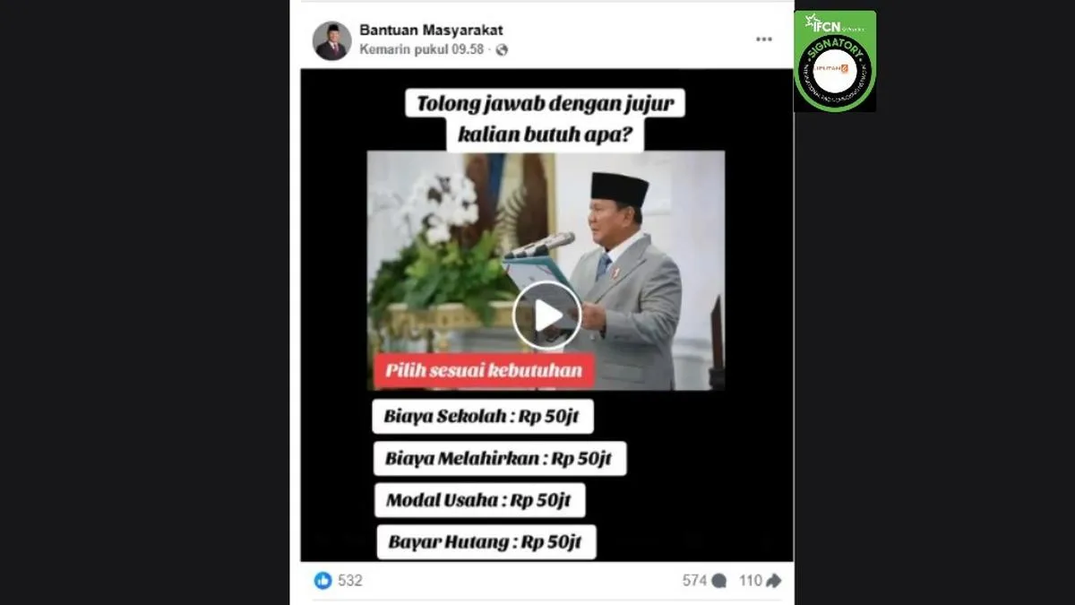 Cek Fakta: Video Prabowo Umumkan Bantuan Rp50 Juta untuk Rakyat Disebut Tidak Benar