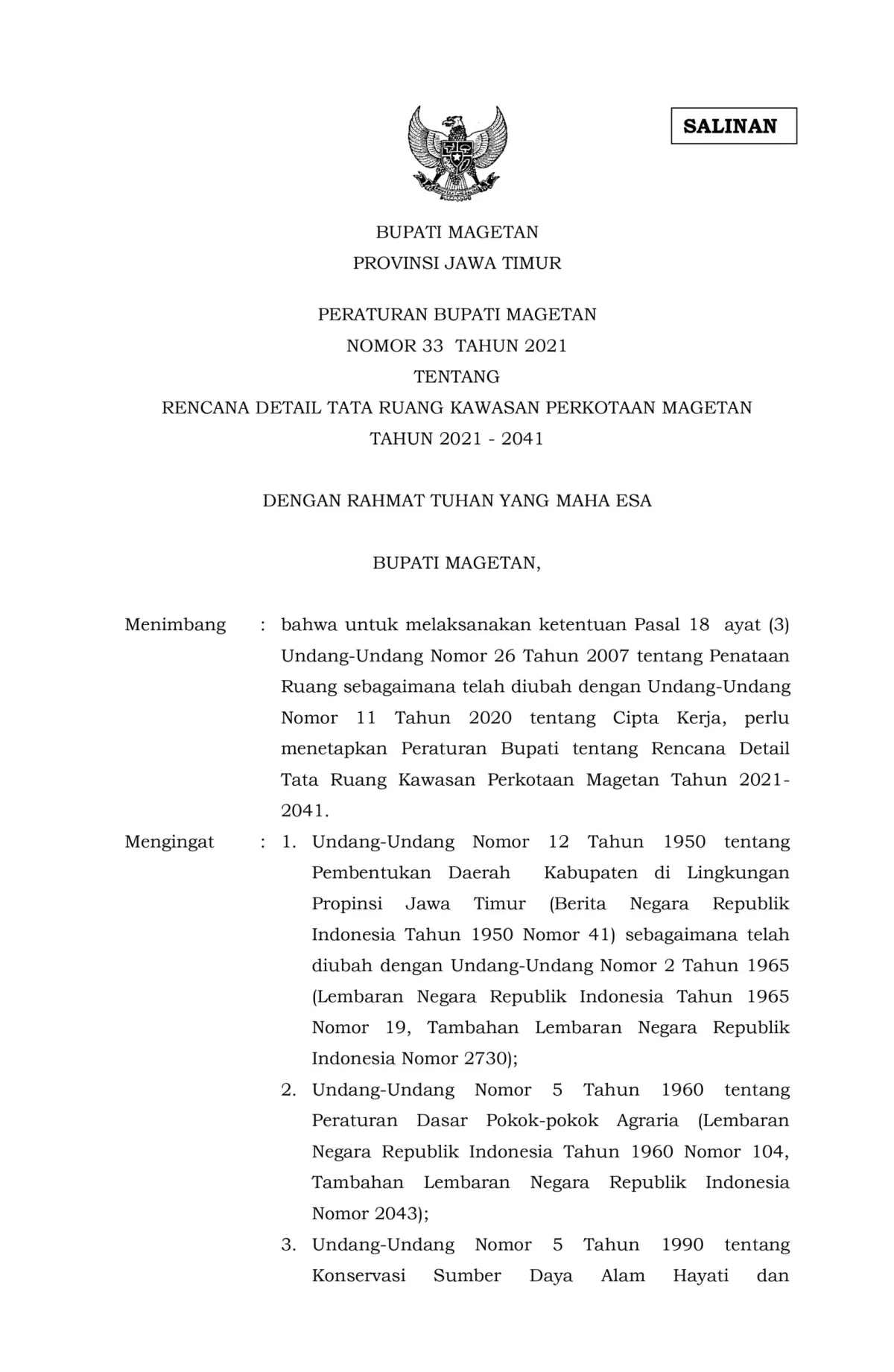 Perbup Nomor 33 Tahun 2021 Mengatur Rencana Detail Tata Ruang Magetan
