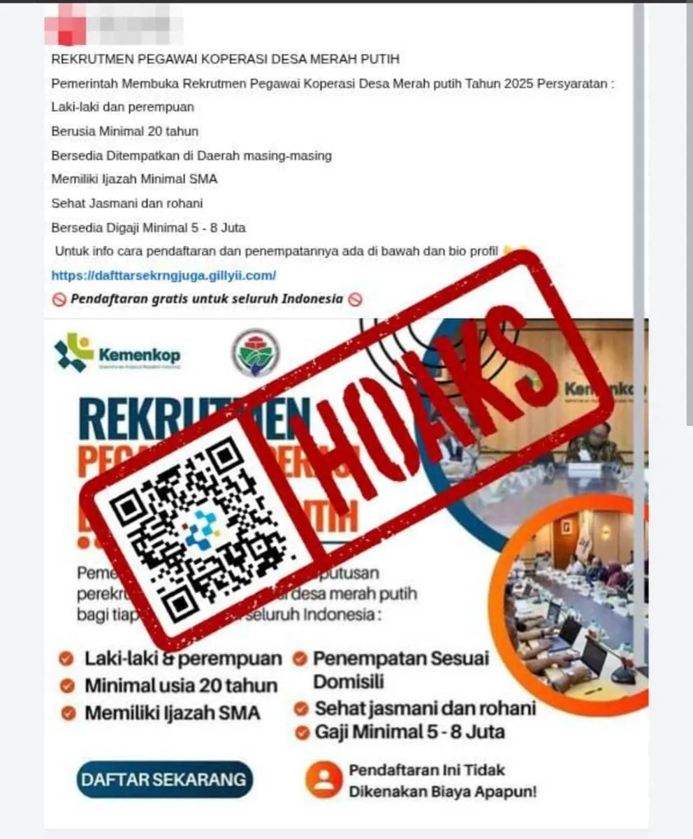Cek Fakta: Tautan Rekrutmen Pegawai Koperasi Merah Putih 2026 di Facebook Tidak Mengarah ke Situs Resmi