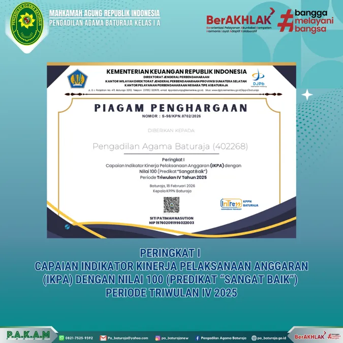 Pengadilan Agama Baturaja Raih Nilai Sempurna IKPA Triwulan IV 2025