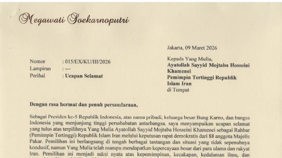 Megawati Kirim Surat Ucapan Selamat kepada Mojtaba Khamenei sebagai Pemimpin Tertinggi Iran