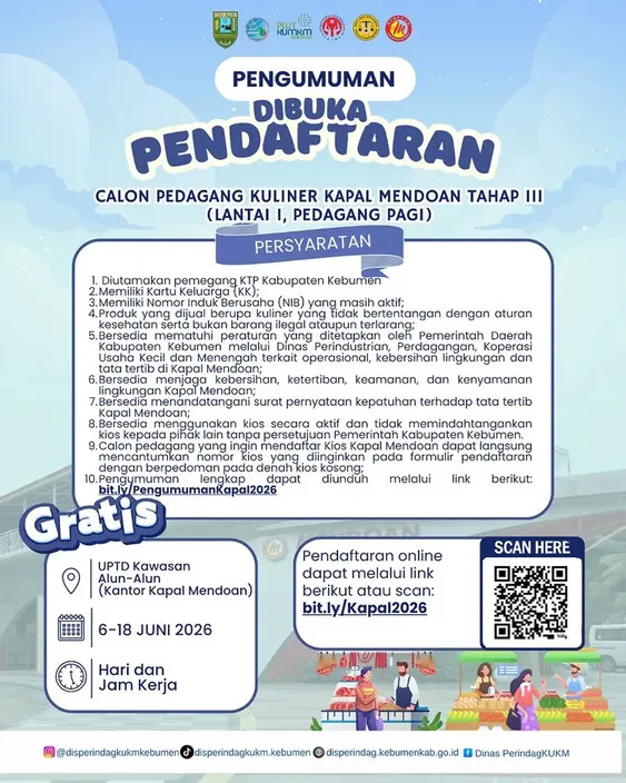 Pemkab Kebumen Buka Pendaftaran Pedagang Kuliner Kapal Mendoan Tahap III untuk Lantai I